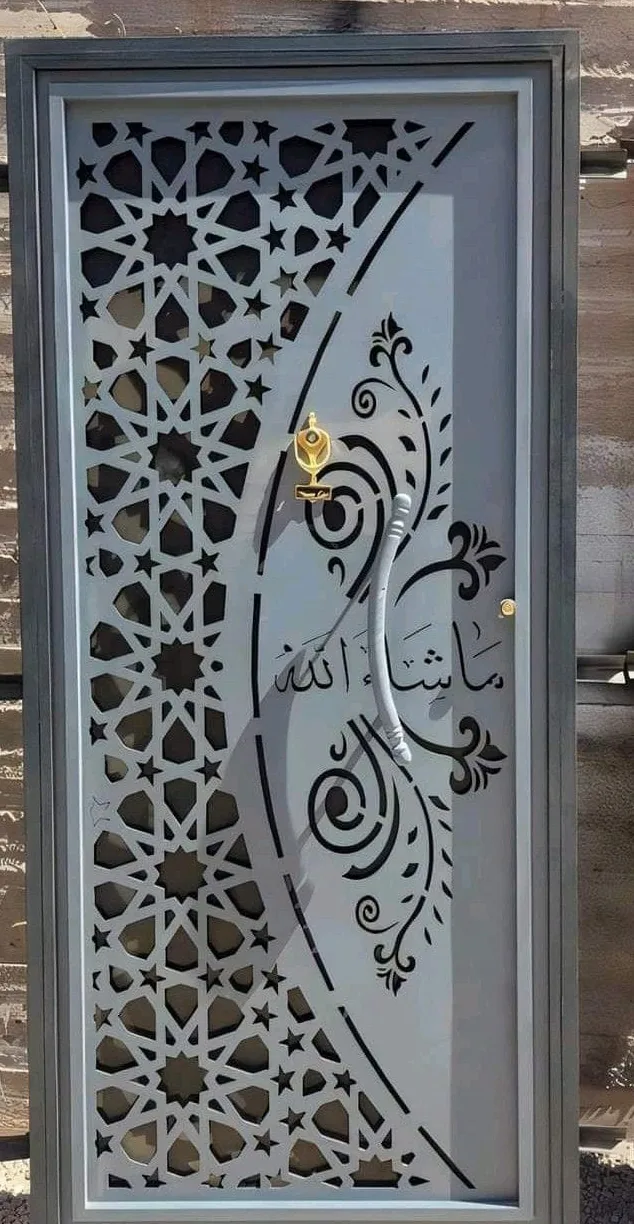 Entrance door with a star lattice cut by laser
