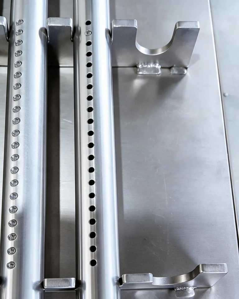 Perforated burner tubes on welded brackets in a steel frame